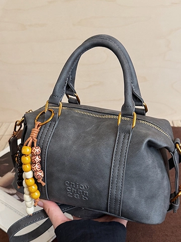 Women Fashion PU Leather Shoulder Bag Large Capacity Solid Color Boston Bag With Beaded Pendant Retro Handbag Crossbody Bag