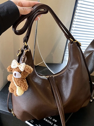 Women's Vintage Large Capacity PU Leather Tote Bag Casual Slouchy Shoulder Bag Commuter Hobo Bag With Bear Pendant