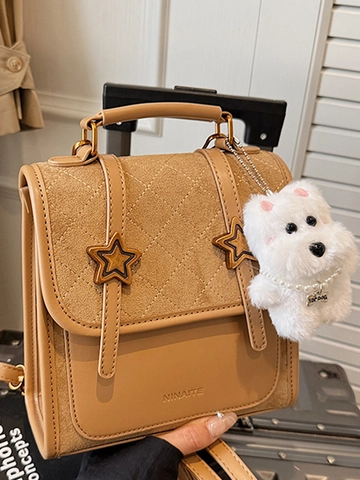 Mini Zaino da Donna in Pelle Scamosciata e Sintetica Patchwork Borsa a Tracolla Trapuntata con Stella Moda Viaggio con Ciondolo Peluche