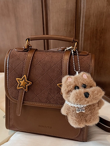 Mini Zaino da Donna in Pelle Scamosciata e Sintetica Patchwork Borsa a Tracolla Trapuntata con Stella Moda Viaggio con Ciondolo Peluche
