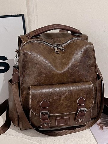 Women Retro PU Leather Backpack British Style College School Bag Large Capacity Fashion Travel Rucksack With Belt Buckle