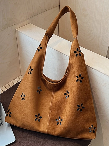 Korean Style Suede Laser Cut Floral Tote Bag For Women Fashion Large Capacity Casual Shoulder Hobo Underarm Bag Office Handbag