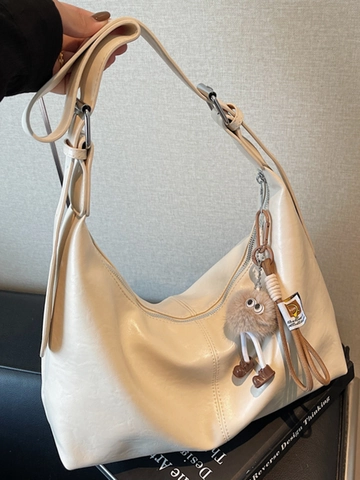 Borsa Tote Grande Capacità in Morbida Pelle PU Vintage da Donna Borsa a Spalla Casual Pendolare Autunno Con Ciondolo