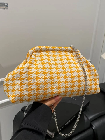 Bolso de Hombro Nube de Punto Pata de Gallo para Mujer Con Cadena de Metal Plateado Bolso Cruzado Retro Bolso de Tela