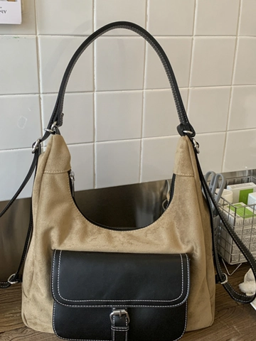 Vintage Nische Umhängetasche Für Damen Retro PU Wildleder Textur Große Kapazität Täglich Pendeln Tote Bag Mit Kontrastnähten
