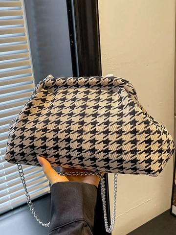 Bolso de Hombro Nube de Punto Pata de Gallo para Mujer Con Cadena de Metal Plateado Bolso Cruzado Retro Bolso de Tela