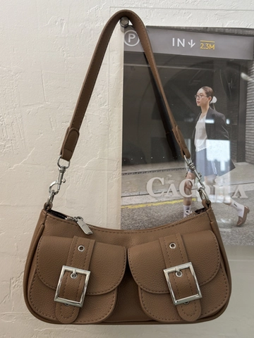 Bolso de Hombro de Axila de Cuero PU Grano de Lichi Retro Francés Con Bolsillos Dobles Hebilla de Metal Plateada Mujer