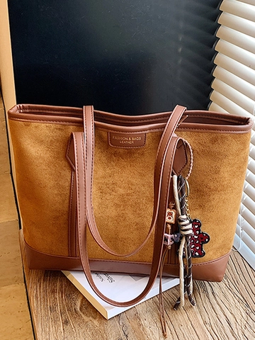 Damen Große Kapazität PU Leder Spleißen Tragetasche Mode Retro Wildleder Textur Schultertasche Für Tägliche Pendeln Büro