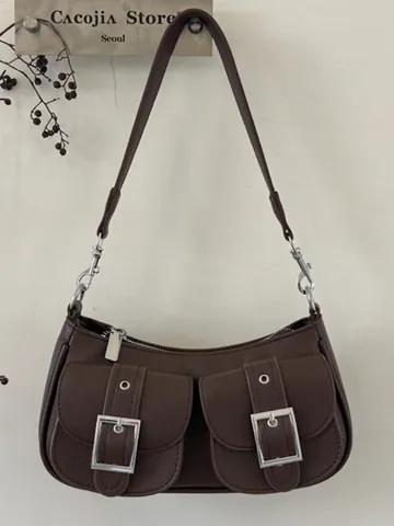 Bolso de Hombro de Axila de Cuero PU Grano de Lichi Retro Francés Con Bolsillos Dobles Hebilla de Metal Plateada Mujer