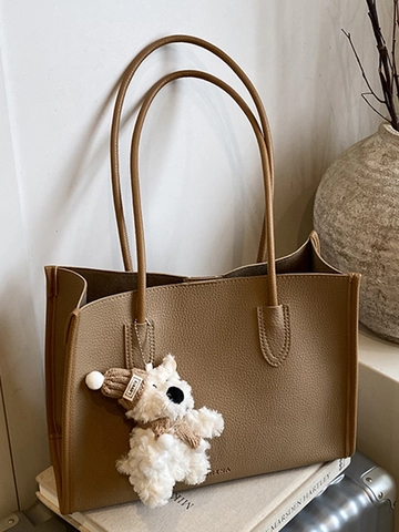 Sac Fourre-tout en Cuir PU Vintage Coréen Femmes Minimaliste Grain de Litchi Sac à Épaule Grande Capacité avec Peluche