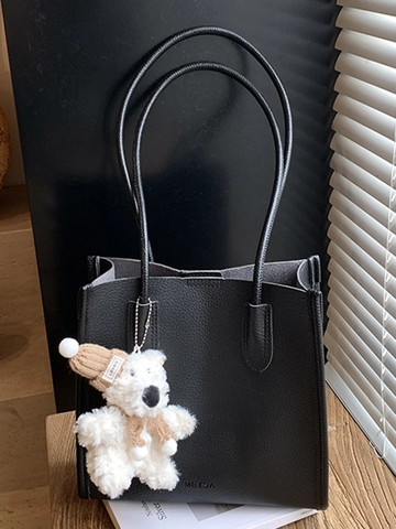 Sac Fourre-tout en Cuir PU Vintage Coréen Femmes Minimaliste Grain de Litchi Sac à Épaule Grande Capacité avec Peluche