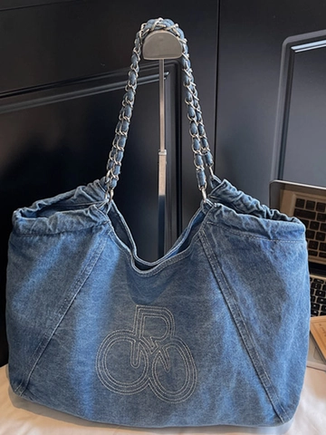 Damen Denim Tote Bag Mit Großer Kapazität Metallkettenriemen Bestickte Lässige Schultertasche Mode Urban Reise Handtasche