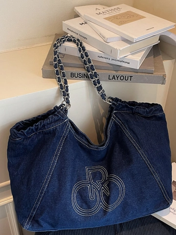 Damen Denim Tote Bag Mit Großer Kapazität Metallkettenriemen Bestickte Lässige Schultertasche Mode Urban Reise Handtasche