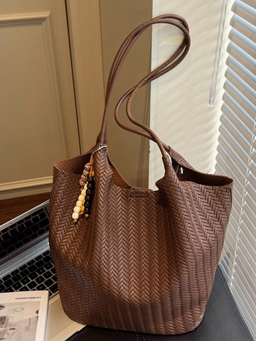 Damen Große Kapazität Gewebte Tragetasche PU Leder Schultertasche Mit Perlen Quasten Anhänger Retro Minimalistische Handtasche