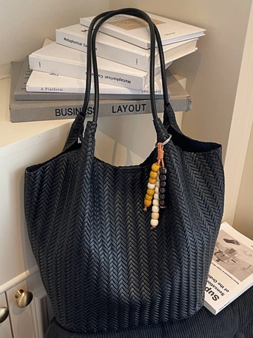 Damen Große Kapazität Gewebte Tragetasche PU Leder Schultertasche Mit Perlen Quasten Anhänger Retro Minimalistische Handtasche