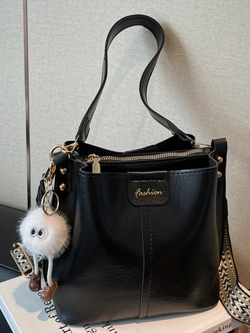 Women Fashion PU Leather Bucket Bag Minimalist Urban Stitching Crossbody Shoulder Bag With Plush Pendant Woven Wide Strap