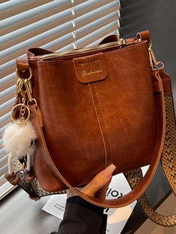 Women Fashion PU Leather Bucket Bag Minimalist Urban Stitching Crossbody Shoulder Bag With Plush Pendant Woven Wide Strap