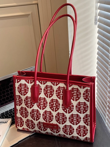 Borsa Tote in Tessuto Jacquard Rosso da Donna per Matrimonio Cinese con Doppia Felicità Borsa a Tracolla di Grande Capacità