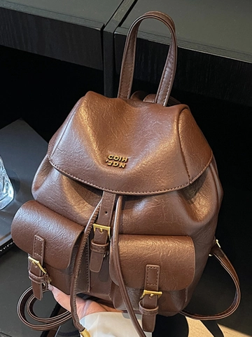 Retro PU Leather Women Mini Backpack Vintage Fashion Bucket Bag With Metal Buckle Double Shoulder Travel Casual Handbag