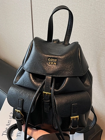 Retro PU Leather Women Mini Backpack Vintage Fashion Bucket Bag With Metal Buckle Double Shoulder Travel Casual Handbag
