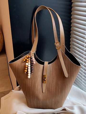 Damen Urban Minimalistisch Große Kapazität PU Leder Webstruktur Umhängetasche Fashion Tragetasche Mit Holzperlen-Anhänger