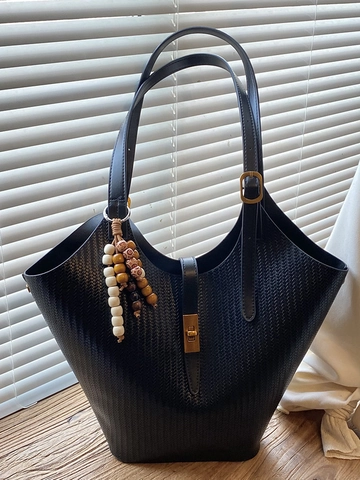 Damen Urban Minimalistisch Große Kapazität PU Leder Webstruktur Umhängetasche Fashion Tragetasche Mit Holzperlen-Anhänger