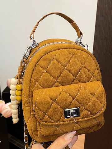 Women Quilted Mini Backpack PU Leather Rhombus Pattern Casual Small Fashion Travel Shopping Bag With Metal Chain Straps