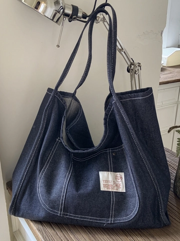 Damen Große Kapazität Denim Tragetasche Mit Kontrastreichen Weißen Nähten Lässige Schultertasche Für Einkaufen Schule Alltag