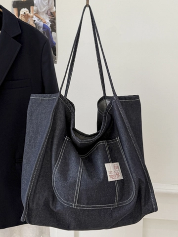 Damen Große Kapazität Denim Tragetasche Mit Kontrastreichen Weißen Nähten Lässige Schultertasche Für Einkaufen Schule Alltag