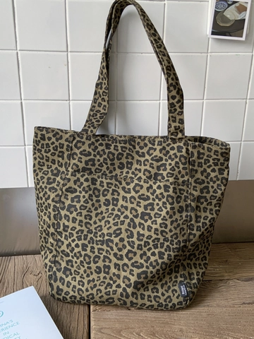 Mode Leopardenmuster Segeltuch Tote Bag Große Kapazität Denim Schultertasche Für Damen Urban Minimalistisch Lässige Handtasche