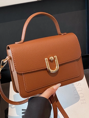 Women Fashion PU Leather Small Square Bag Lychee Texture Handheld Shoulder Crossbody Bag With U-shaped Metal Buckle