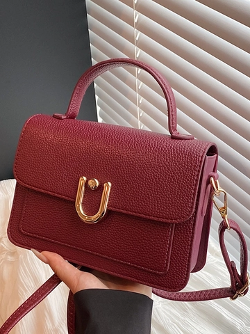 Women Fashion PU Leather Small Square Bag Lychee Texture Handheld Shoulder Crossbody Bag With U-shaped Metal Buckle