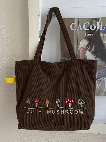 Damen Cord Tote Bag Pilz Stickerei Große Kapazität Umhängetasche Casual Retro Student Pendler Handtasche