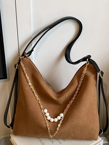 Damen Große Kapazität Matte PU Leder Tragetasche Mit Künstliche Perle Metallkette Dekor Urban Einfache Umhängetasche Pendler