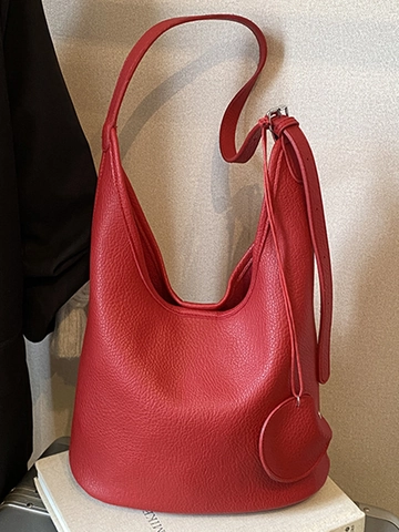 Bolso de Cubo de Cuero PU con Grana de Lichi para Mujer Urbano Minimalista Bolso de Hombro de Gran Capacidad Con Colgante Redondo Color Sólido Hobo Bolso