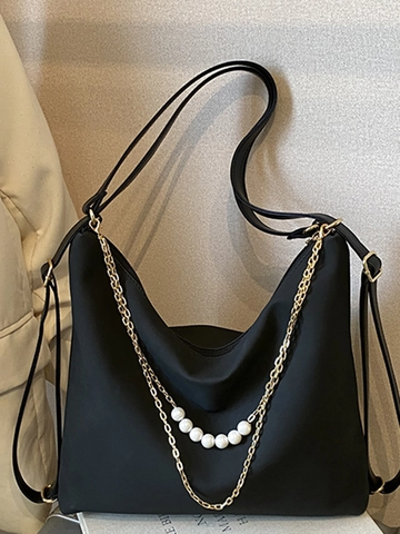 Damen Große Kapazität Matte PU Leder Tragetasche Mit Künstliche Perle Metallkette Dekor Urban Einfache Umhängetasche Pendler