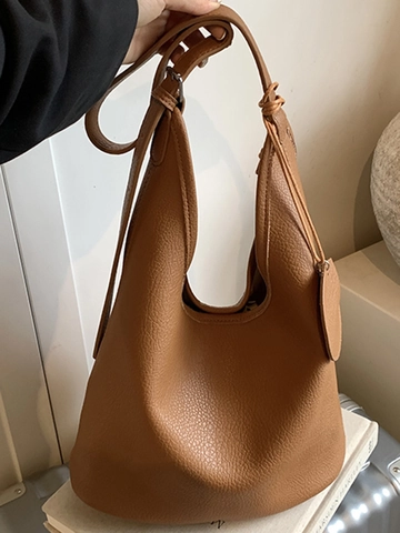 Bolso de Cubo de Cuero PU con Grana de Lichi para Mujer Urbano Minimalista Bolso de Hombro de Gran Capacidad Con Colgante Redondo Color Sólido Hobo Bolso