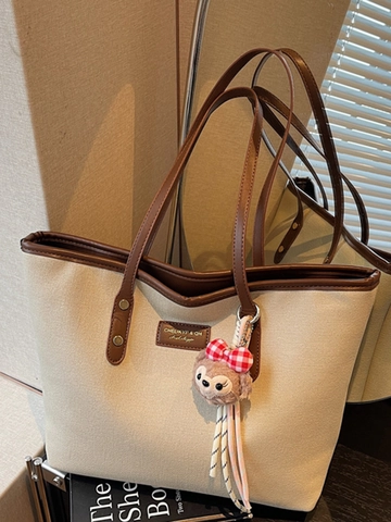 Bolso Tote Grande de Mujer Color de Contraste Bolso de Hombro de Cuero PU Con Lindo Colgante de Peluche Para Viaje de Trabajo Oficina