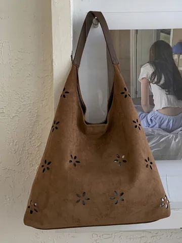 Women Fashion Suede Hollow Out Floral Laser Cut Large Capacity Tote Bag Commute Shoulder Bag Vintage Bohemian Hobo Bag