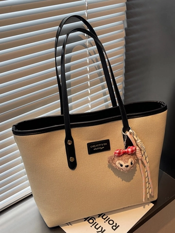 Bolso Tote Grande de Mujer Color de Contraste Bolso de Hombro de Cuero PU Con Lindo Colgante de Peluche Para Viaje de Trabajo Oficina