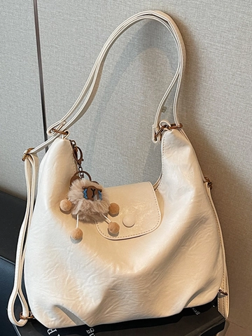 Borsa Hobo in Pelle PU in Stile Coreano Minimalista di Grande Capacità per Donna Borsa a Spalla per Pendolarismo Con Charm in Peluche