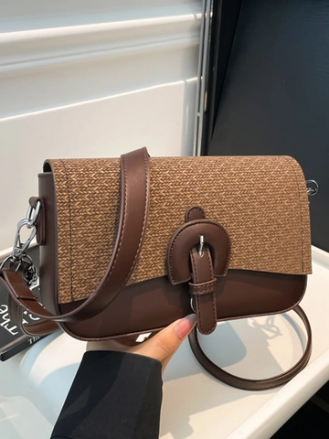 Bolso de Hombro Cuadrado Pequeño de Cuero de PU para Mujer Vintage Textura Tejida Empalme Solapa Bolso Bandolera Color Sólido