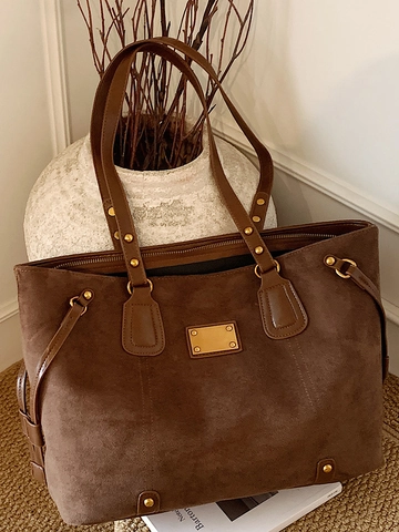Borsa Tote Vintage da Pendolare Grande Capacità Borsa a Spalla in Scamosciato per Donna Borsa a Mano di Moda Piastra Metallica Dorata Cuciture