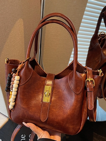 Retro Damen PU Leder Schultertasche Minimalistische Handtasche Mit Perlenanhänger Vintage Umhängetasche Für Den Alltag