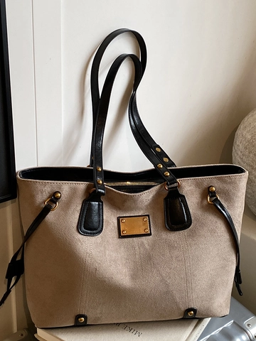 Borsa Tote Vintage da Pendolare Grande Capacità Borsa a Spalla in Scamosciato per Donna Borsa a Mano di Moda Piastra Metallica Dorata Cuciture