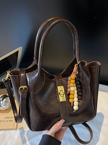Retro Damen PU Leder Schultertasche Minimalistische Handtasche Mit Perlenanhänger Vintage Umhängetasche Für Den Alltag