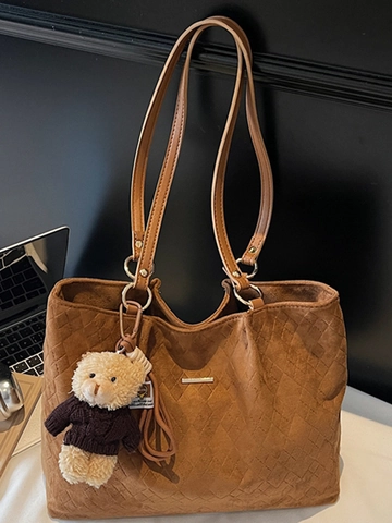 Damen Wildleder Gesteppt Rautenmuster Große Einkaufstasche Minimalistisch Urban Pendeln Umhängetasche Mit Bärenanhänger Handtasche