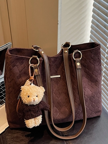 Damen Wildleder Gesteppt Rautenmuster Große Einkaufstasche Minimalistisch Urban Pendeln Umhängetasche Mit Bärenanhänger Handtasche
