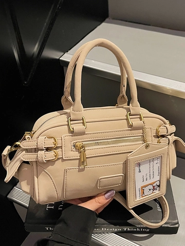 Bolso de Hombro Boston de Cuero PU Vintage para Mujer Bolso de Mano de Color Sólido Con Hebillas de Metal y Portatarjetas