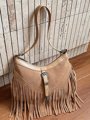 Vintage Wildleder Fransen Unterarmtasche Für Damen Böhmische Quasten Schultertasche Retro Metallschnalle Lässige Umhängetasche